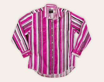 Camisa Western Rayas Vintage de los años 90 Camisa Vaquera de Algodón Negro y Rosa - Camisa Rodeo Vintage - Talla XL