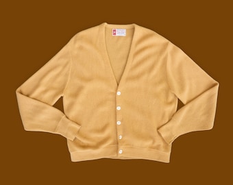 60s Vintage Tan Cardigan Sweater Large - Puritan Golf Sweater - Button Up Beige Sweater Coat - Classic Wool Cardigan - Knit Grandpa Sweater