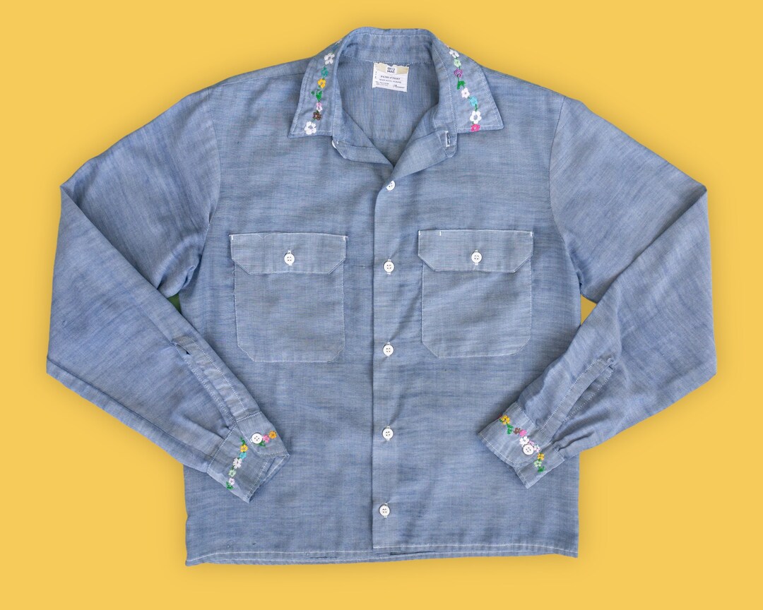 70s Vintage Big Mac Chambray Shirt – Floral Embroidered Western