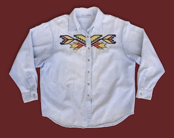 Vintage westerndenimshirt jaren 80 - lichte wassing, geborduurd, maat Large