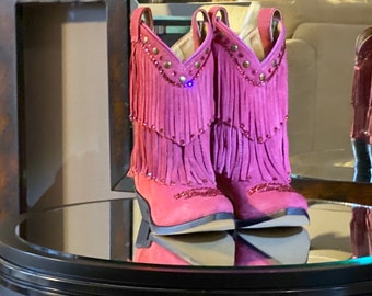 Smoky Children's Kid's Wisteria Pink Double Fringe Leather Western Cowboy Boot Smoky Children's Kid's Wisteria Pink Double Fringe Leather Western Cowboy Boot