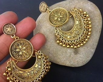 Bijoux indiens pendants d'oreilles en or, boucles d'oreilles tribales indiennes, bijoux bohèmes, boucles d'oreilles afghanes, jhumki indiens, boucles d'oreilles Bollywood,