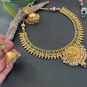 Lakshmi necklace set , Indian jewelry set,Temple jewellery set. Polki necklace, south Indian Lakshmi kemp choker set, gold necklace set