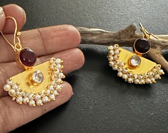 Handmade gold Crescent Chandbali Earrings - Pearl Drop Ethnic Jhumka with Ruby & Kundan Accents - Traditional Indian Bridal Wedding earrings