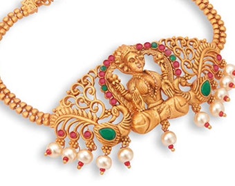 Polki Necklace Set, Matte Gold Lakshmi Pendant, Temple Jewelry