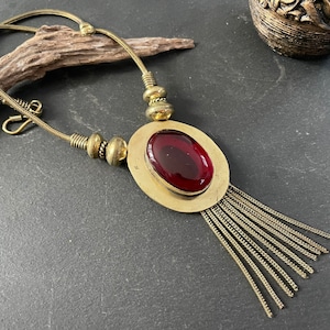 Indiase geoxideerde gouden granaathangerketting, Tibetaanse bronzen ketting, Indiase tribale granaatketting, boho-sieraden, tribal kuchi-ketting,