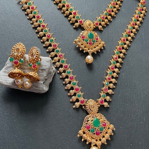 Kerala 2 in 1 Halsketten-Set, Tempelschmuck haram mit Halsketten-Set. Vergoldetes Tempelschmuckstil-Halskettenset, Brauthalskettenset