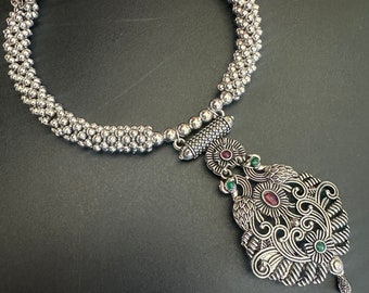 Collar de plata oxidada: Gargantilla afgana india hecha a mano, collar de plata oxidada estilo afgano hecho a mano, joyería étnica tribal.