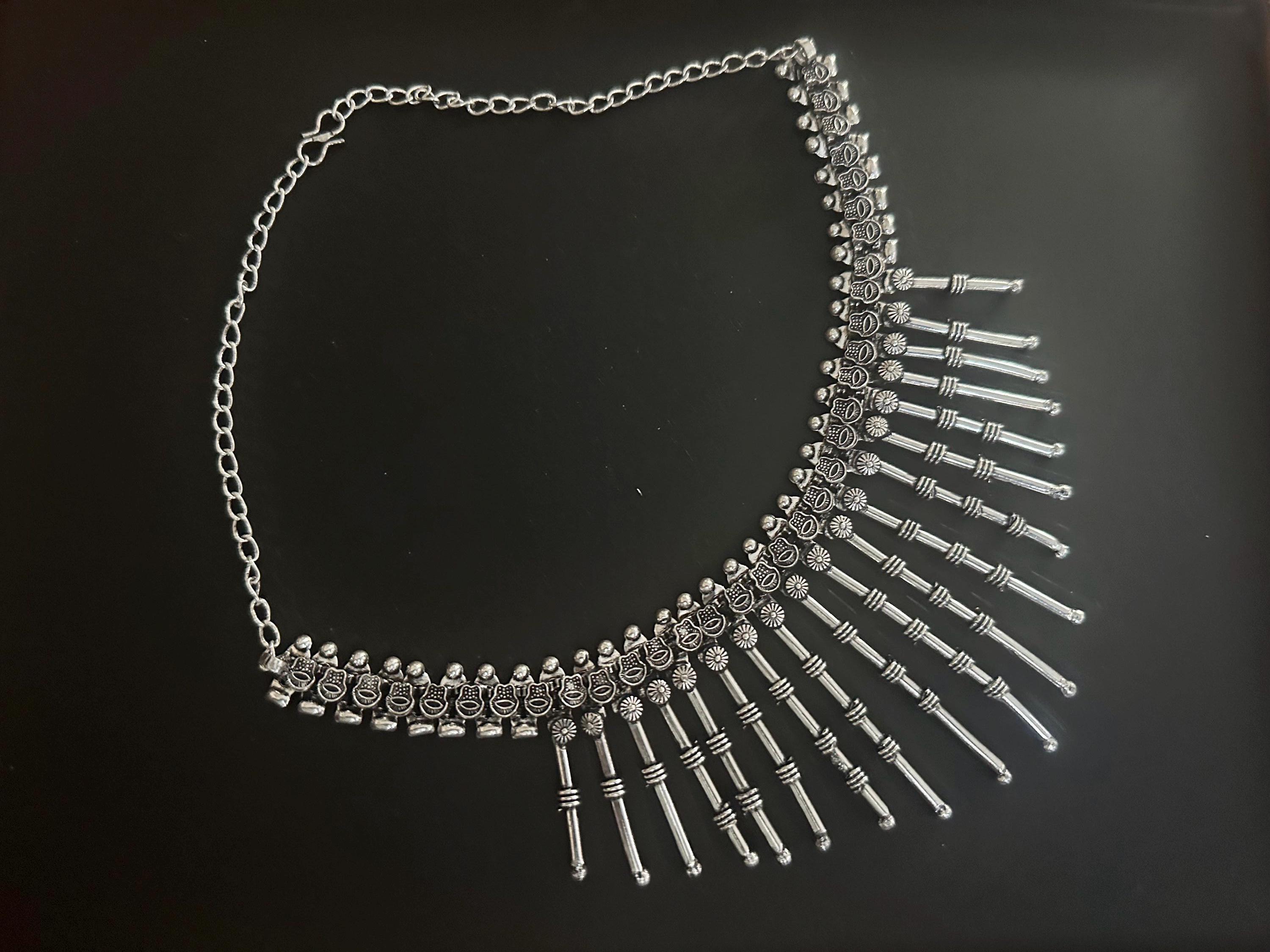 Oxidised Silver Necklace: Handmade Indian Afghan Bib Choker, Handmade Afghan Style Oxidized Silver Necklace Tribal Ethnic Statement Jewelry