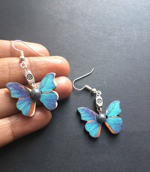 Wooden Butterfly Dangle Earrings, Handmade Wood Jewellery, Boho Butterfly Earrings, Lightweight Statement Jewellery, unique Gift for Her