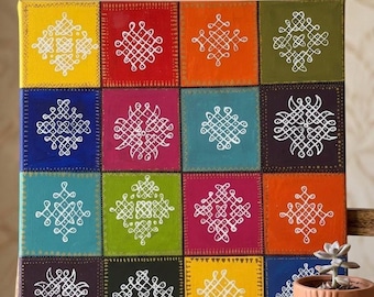 Arte indio Kolam hecho a mano sobre lienzo: decoración tradicional de rangoli para paredes, pintura étnica para el hogar, arte para la sala de oración y la sala de estar, decoración bohemia para el hogar.