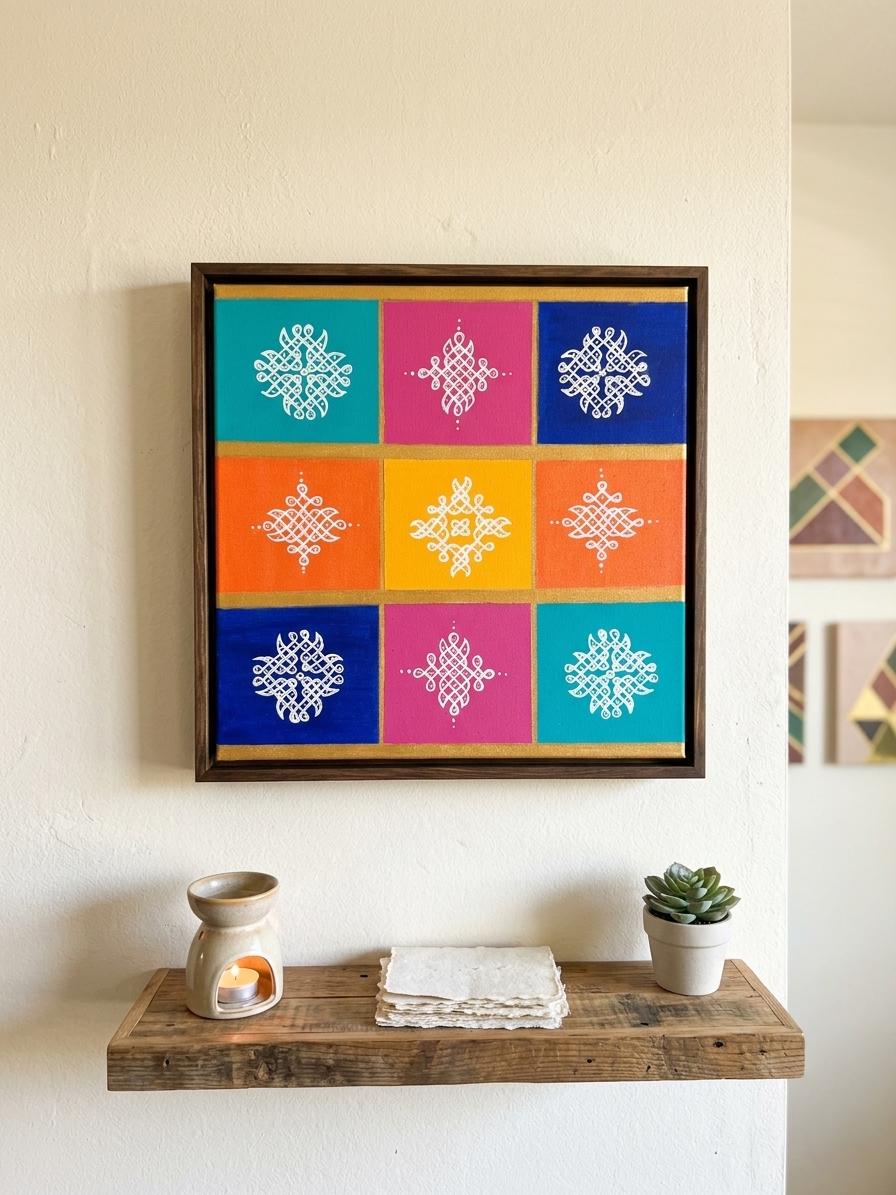 Handmade Indian Kolam Canvas Art, Traditional Rangoli Wall Decor, Ethnic Home,Pooja,Living Room Art, canvas ethnic south Indian Wall Decor