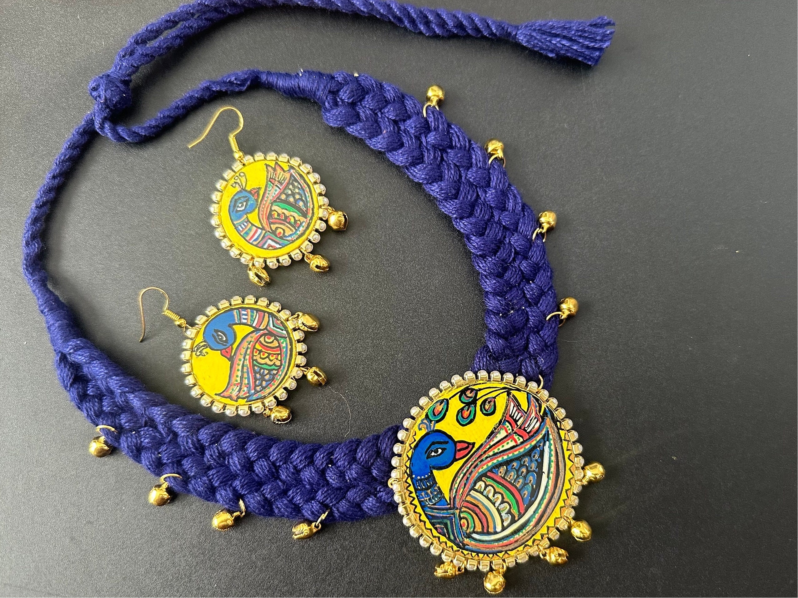 Handmade Madhubani Peacock Necklace & Earrings, Indian Folk Art