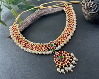 Kemp Ruby Choker Necklace Set, South Indian Bridal Jewelry,Kemp Indian Temple Jewelry,Traditional kemp necklace,  Indian Ethnic necklace