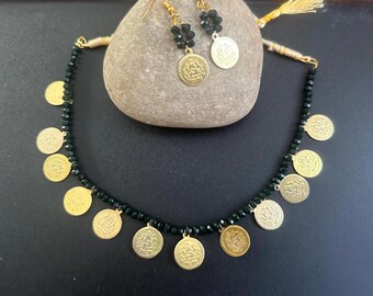 Lakshmi Coin Necklace Set, Green Crystal Bead Indian Jewelry