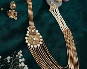 Conjunto de collar nupcial Kundan con perlas - Gargantilla y pendientes inspirados en Sabyasachi - Joyería nupcial tradicional india para novias y damas de honor