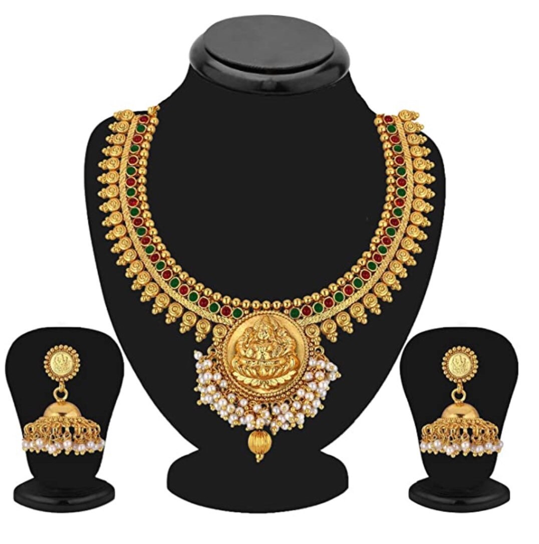 Lakshmi Motif Indian Jewelry Set temple Jewellery Set. Polki Necklace High Quality South Indian Gold Plated Lakshmi Kasu Malai Earrings. Etsy