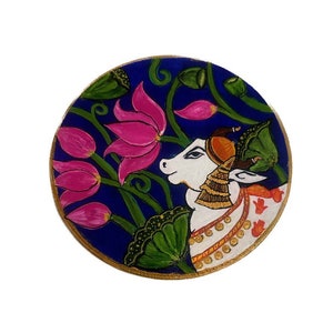 Original pichwai painting , Indian pichwai cow painting , tribal Indian art on wood board , ethnic art, Indian art,handmade wall hanging art