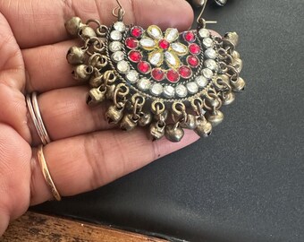 Handmade Kundan hoop Earrings, Antique Gold hoops, Indian jewellery,Dandiya Earrings, Kutch Earrings,Statement Jewellery,Indian Tribal Hoops