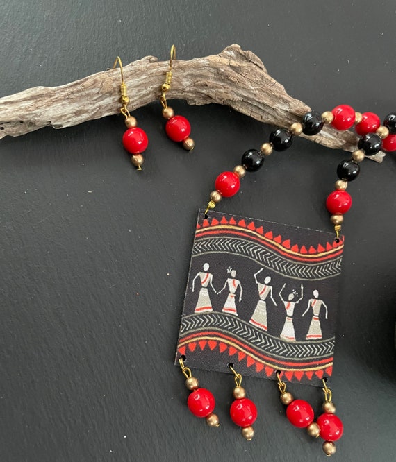 Indian Dori Necklace Hand Painted Pendant Necklace Boho