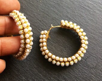 Indian hoops earrings, pearl hoops earrings,INdian jewelery , boho earrings, ethnic tribal earrings, gold pearl earring. Rajasthani earrings