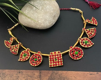 Kemp Stone Choker Necklace, South Indian Bridal Jewelry,Traditional Indian necklace set, South Indian Temple jewelry set, Ruby necklace set