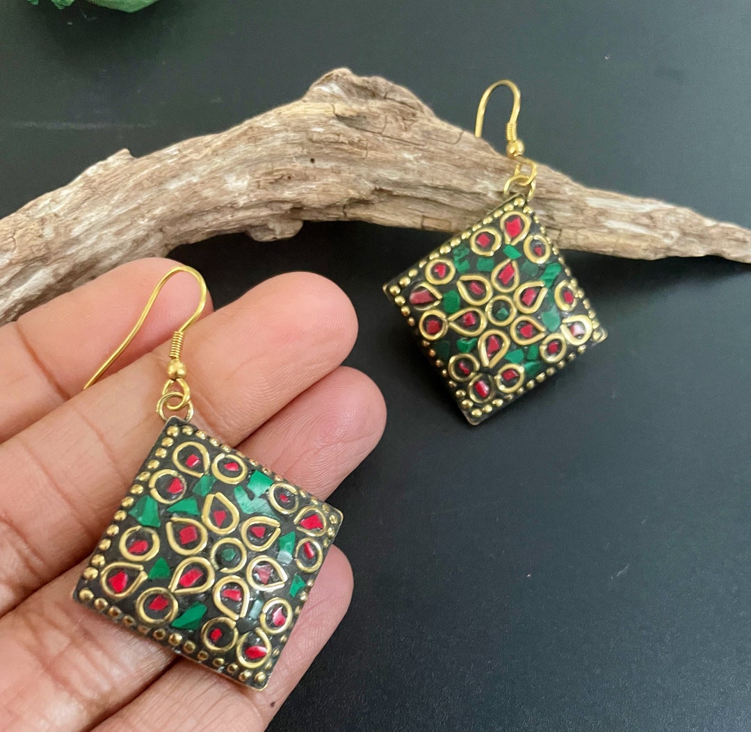 Pendientes de oro oxidado, pendientes nepalíes, joyas bohemias