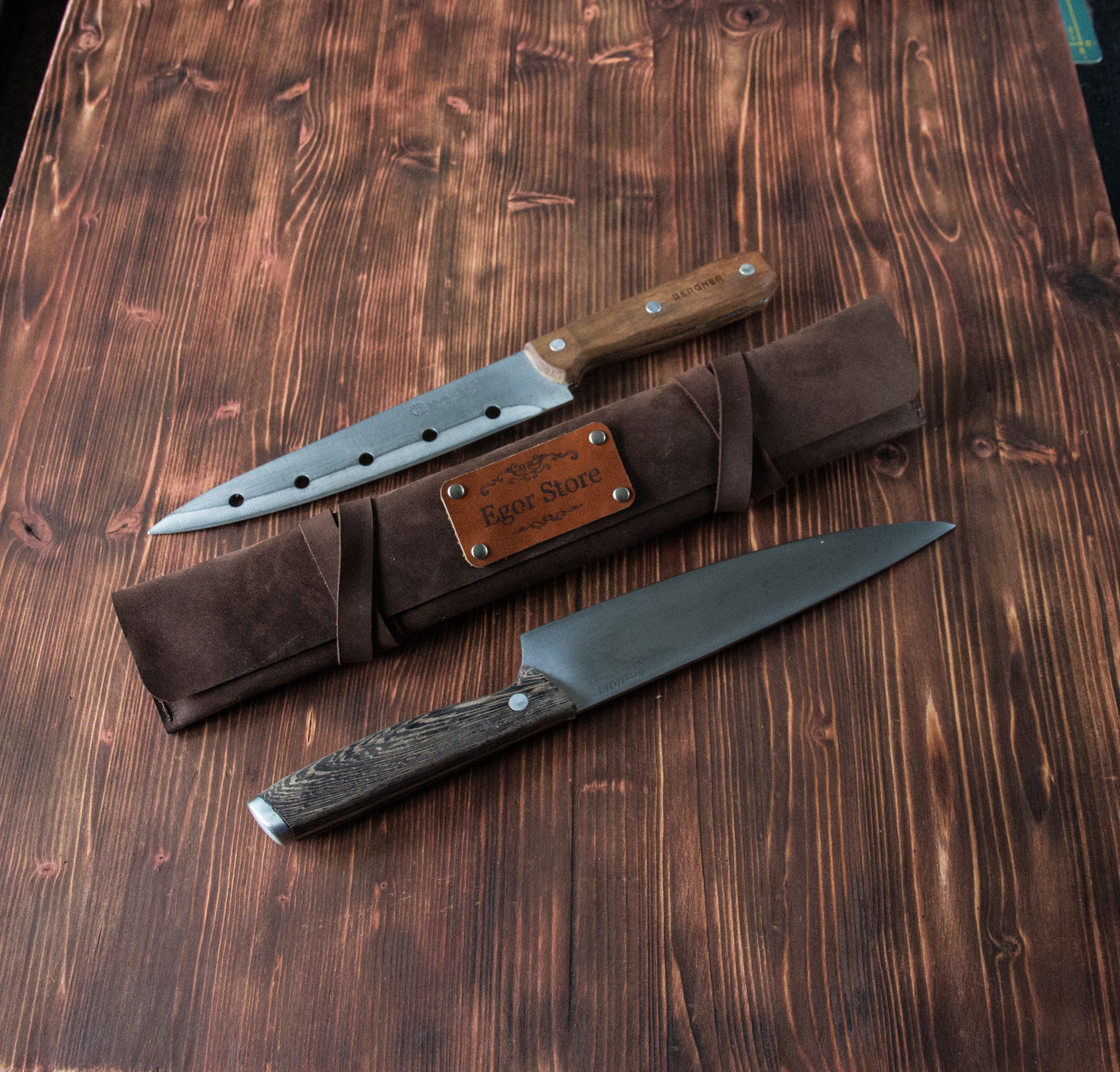 Personalized leather roll for 2 knives, leather knife roll, leather k…