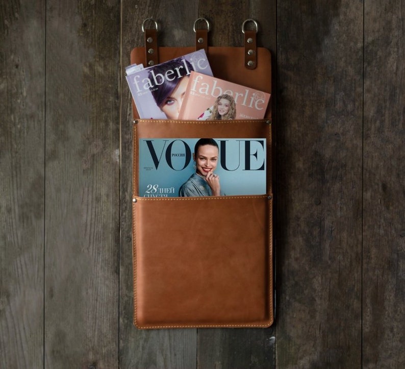 Leather magazine holder wall organizer Leather wall hanging Etsy