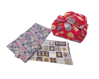 Furoshiki emballage cadeau de Noël réutilisables et lavables  en tissus coton lot de 3 pièces une alternative éco-responsable zéro déchet