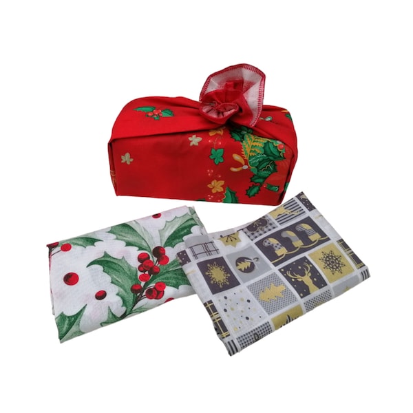 Furoshiki emballage cadeau de Noël réutilisables et lavables en tissus coton lot de 3 pièces une alternative éco-responsable zéro déchet