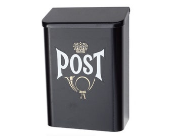 Buzón sueco de pared negro - Adhesivo distintivo de POST - Diseño único de bocina postal europea - Acero galvanizado resistente con recubrimiento en polvo
