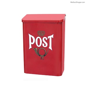 May include: A red metal mailbox with a hinged lid. The word "POST" is displayed in white, along with a gold-colored emblem of a horn and crown. The mailbox is designed for outdoor use and has a classic, traditional style.