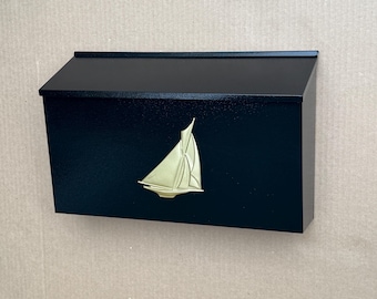 Black Metal Wall Mount Mailbox with Gold or Silver Sailboat Ornament