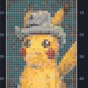 May include: A pixel art pattern of a yellow creature with red cheeks wearing a gray hat. The design is set against a dark blue background and is overlaid with a white grid featuring numerical markings from 10 to 40 along the sides and 10 to 30.