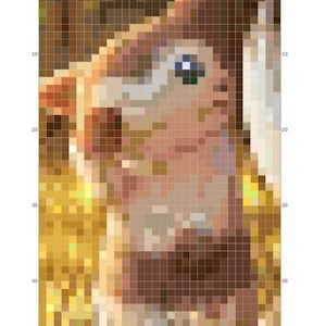 Puede incluir: Una pieza de arte digital pixelada que presenta un rostro animal estilizado con un ojo oscuro prominente, representada en una paleta de colores cálidos de amarillo dorado, marrón y tonos crema. La composición es una cuadrícula de píxeles.