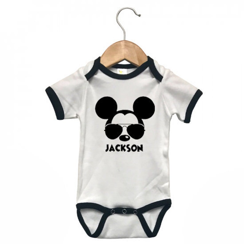 Baby Bodysuit personalized Disney Inspired Disney Mickey Sunglasses Ringer Bodysuit,White Bodysuit with color trim,Disney Family Vacation