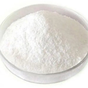May include: A close-up shot of a clear, shallow, round dish filled with a white, powdery substance. The powder has a fine, granular texture and fills the dish to the brim. The dish is set against a plain white background.