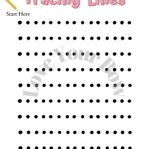 Puede incluir: Una hoja de trabajo en blanco y negro con el título "Tracing Lines" y un icono de lápiz. La hoja de trabajo tiene una cuadrícula de puntos negros para trazar líneas.