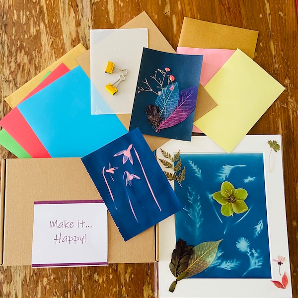 Solar Printing Kit/ Make it Happy/ Nature Impression Art / Multi Coloured Cyanotype Paper /Sunshine Printing/ Mindful Crafts/ Beginners Kits