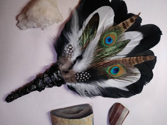 Smudge Feather Fan: Goose, Pheasant, Peacock Feathers with Clear Quartz