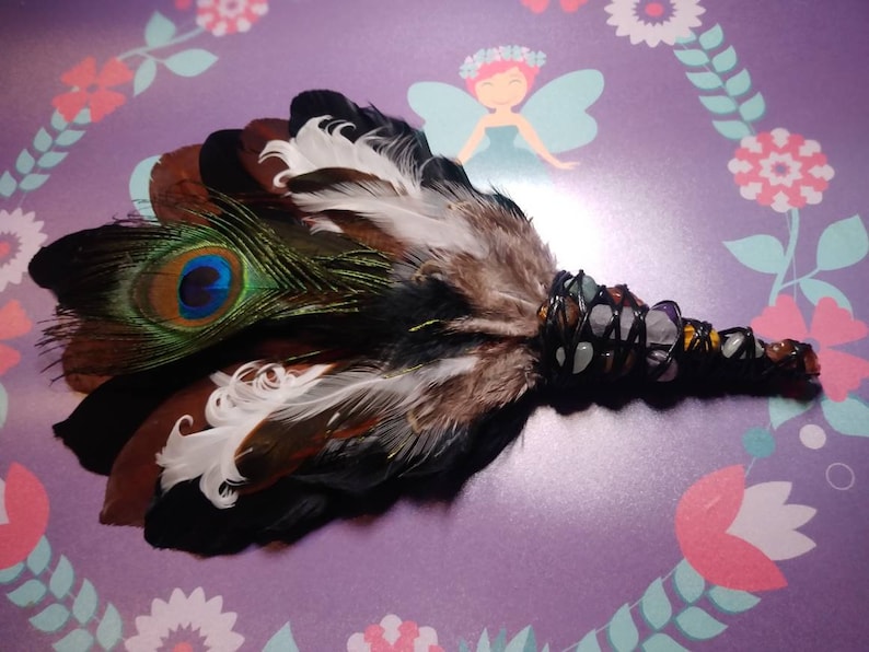 Earth Magic" Curly Goose Smudge feather wand, smudge feathers, cleansing wand, Smudge fan, smudging wand, sage zdjęcie 4