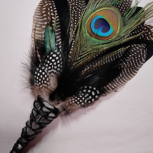 Spotted Guinea with Black goose & Peacock. Smudge Feather, Smudging tool, Smudging, Smudge feathers, Smudge fans,