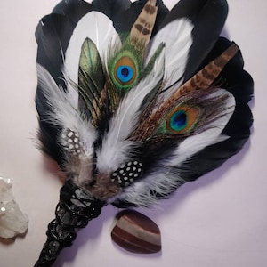 Smudge Feather Fan: Goose, Pheasant, Peacock Feathers with Clear Quartz