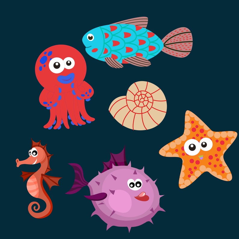 Starfish Marine animal clipart Squid Shark Ocean Clipart Dolphin Sea life Digital Clipart set Sea Horse Under the Sea Clipart Whale