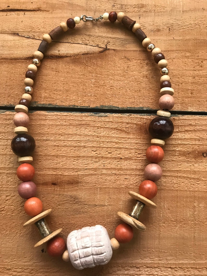 Vintage Wood Bead Necklace 18 Etsy