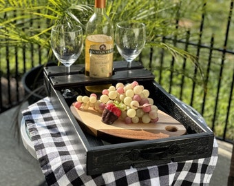 Wine Tray, Rustic wood serving trays with wine glass and bottle holders.