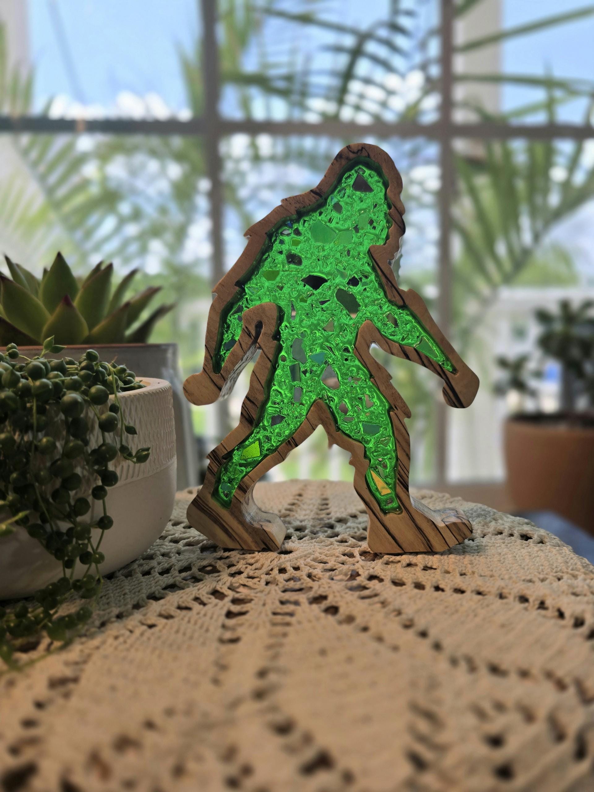 Bigfoot Art, Sasquatch Decor, Dichroic Glass Art, Light Catcher, Green Office Decor