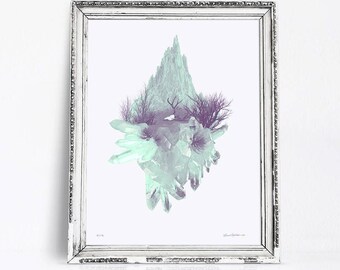 Screen print poster of a blue crystal with a desert landscape and deer skull on it, by Lauren Alane