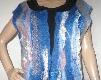 Felt waistcoat, felted waistcoat in blue, nuno felt waistcoat with silk and lace